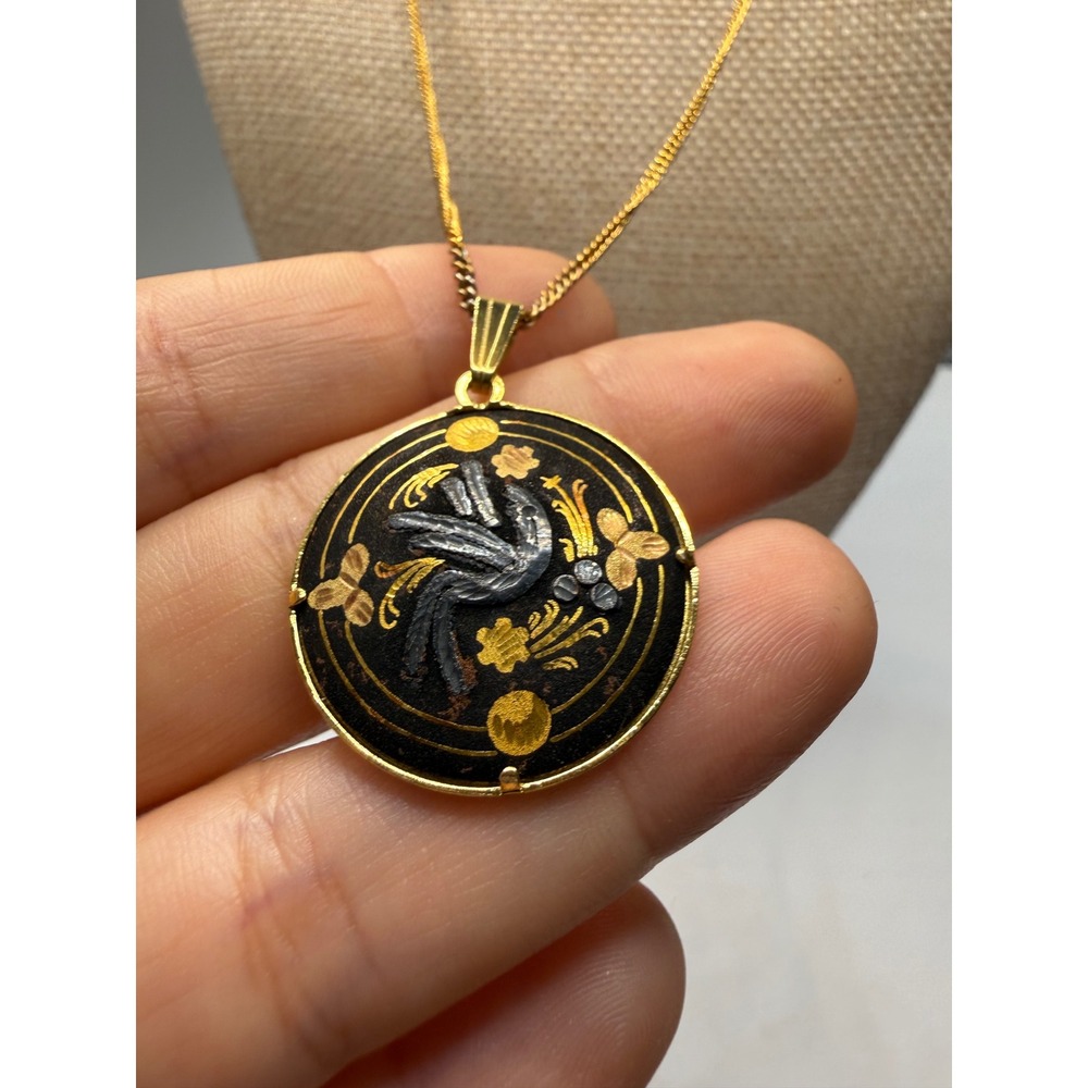 Vintage Damascene Bird Floral Round Pendant Necklace Gold Silver Tone Black 18"